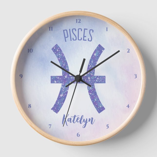 Pretty Pisces Astrology Sign Personalized Purple Clock (Front)