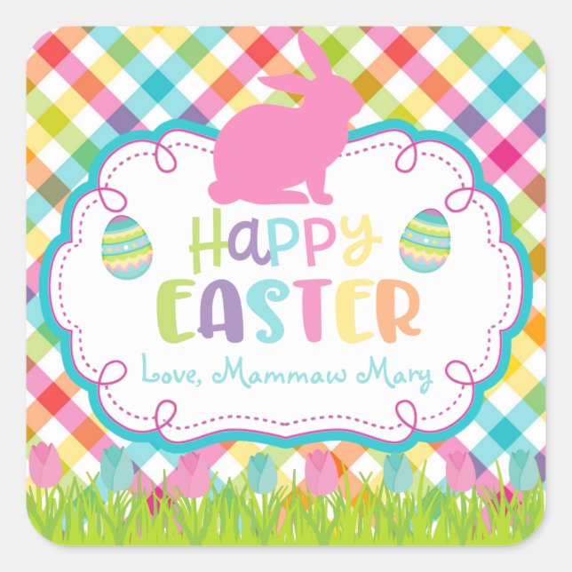 Pretty Plaid Happy Easter Personalized stickers (Front)