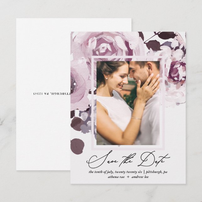 Pretty Plum Bouquet and Frame Save the Date Invitation Postcard (Front/Back)