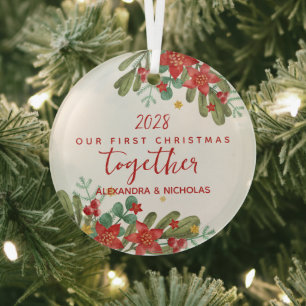 Pretty Poinsettia First Christmas Custom  Glass Ornament