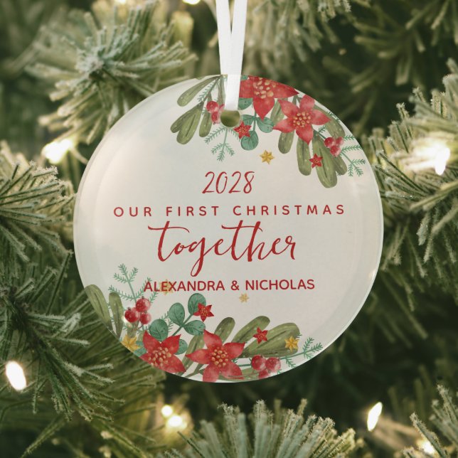 Pretty Poinsettia First Christmas Custom  Glass Ornament (Insitu)