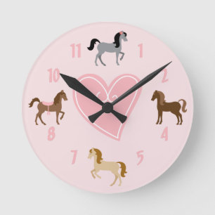 Pretty Ponies and Pink Heart Cute Horse Round Clock