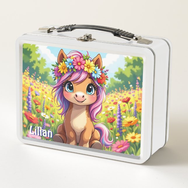 Pretty Pony with Flowers Personalized Metal Lunch Box (Front)