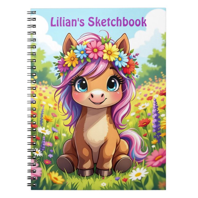 Pretty Pony with Flowers Personalized Notebook (Front)