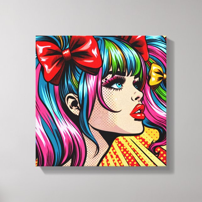 Pretty Pop Art Comic Girl with Bows Canvas Print (Front)