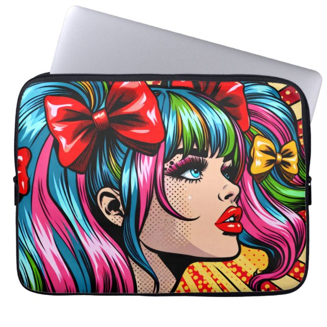 Pretty Pop Art Comic Girl with Bows Laptop Sleeve (Front)