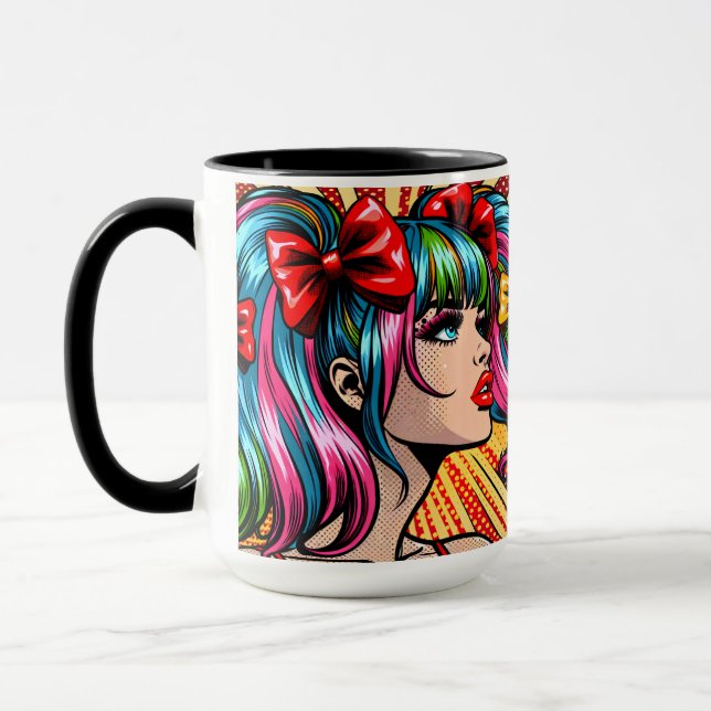 Pretty Pop Art Comic Girl with Bows Mug (Left)