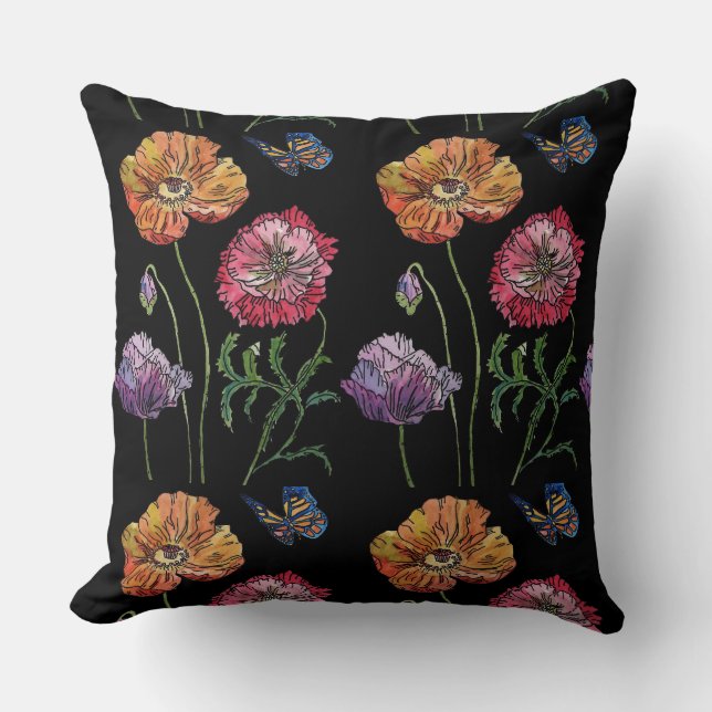 Pretty Poppies Black Watercolour Flowers Floral Throw Pillow (Front)