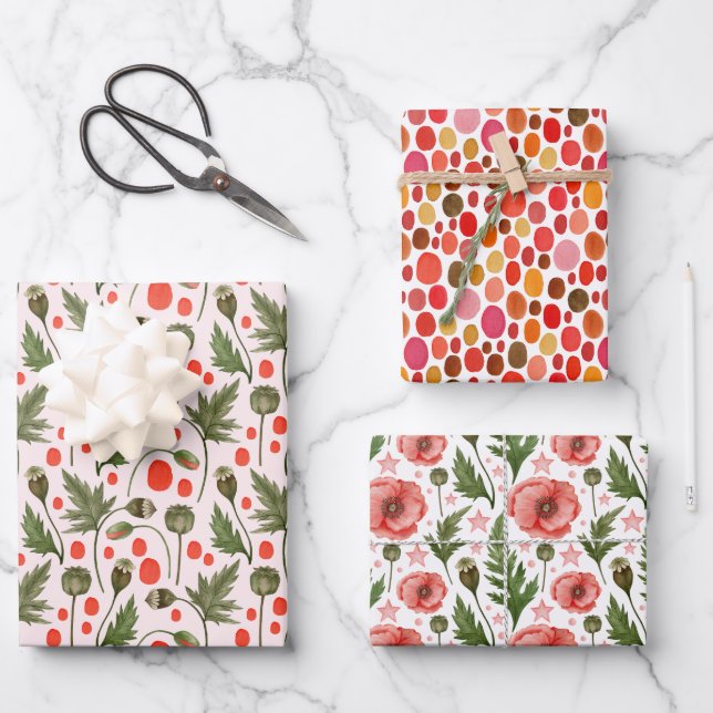 Pretty Poppies Foliage Floral Wrapping Paper Sheet (Front)