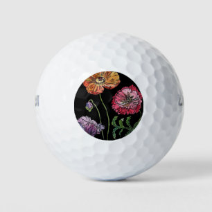 Pretty Poppies on Black Watercolour Painting Golf Balls