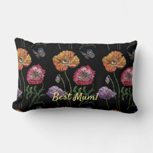 Pretty Poppies on Black Watercolour Painting Mum  Lumbar Pillow