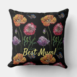 Pretty Poppies on Black Watercolour Painting Mum  Throw Pillow