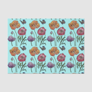 Pretty Poppy Flower Floral Aqua Pattern Watercolor Tissue Paper