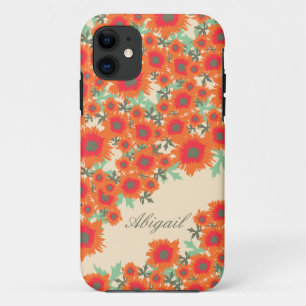 Pretty poppy orange green damask name  iPhone 11 case