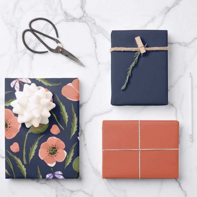 Pretty Poppy Themed Flower Pattern Wrapping Paper Sheet (Front)