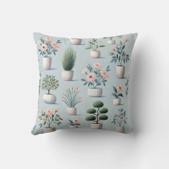 Pretty Potted Plants Print Design Throw Pillow (Back)