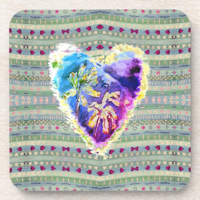 Pretty Primula Hearts Pattern in Purple & Green Coaster (Front)