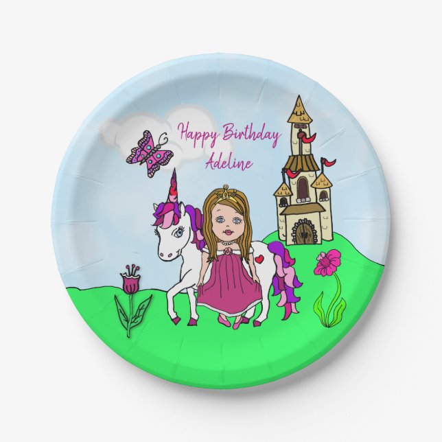 Pretty Princess and Unicorn Birthday Party Paper Plate (Front)