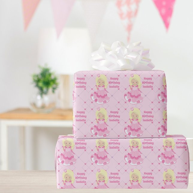 Pretty Princess Girl Happy Birthday Custom Pink Wrapping Paper (Creator Uploaded)