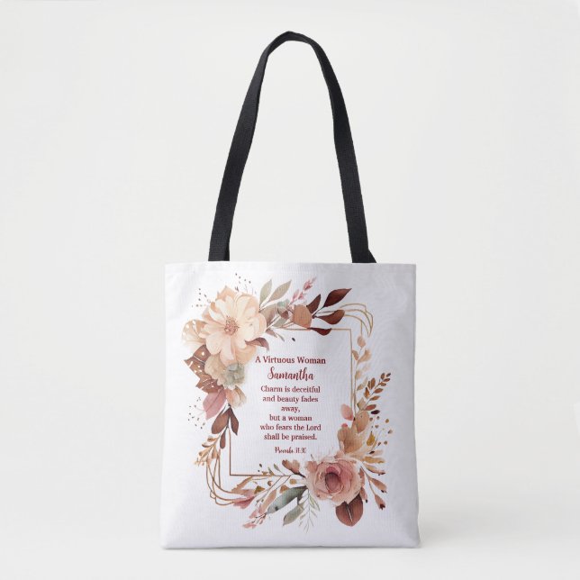 Pretty Proverbs 31 Woman Personalized Christian Tote Bag (Front)