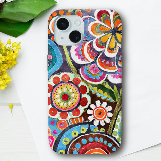 Pretty Psychedelic Floral Garden Vibrant Folk Art  iPhone 15 Case