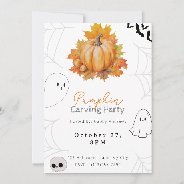 Pretty Pumpkin and Leaves Pumpkin Carving Party Invitation (Front)