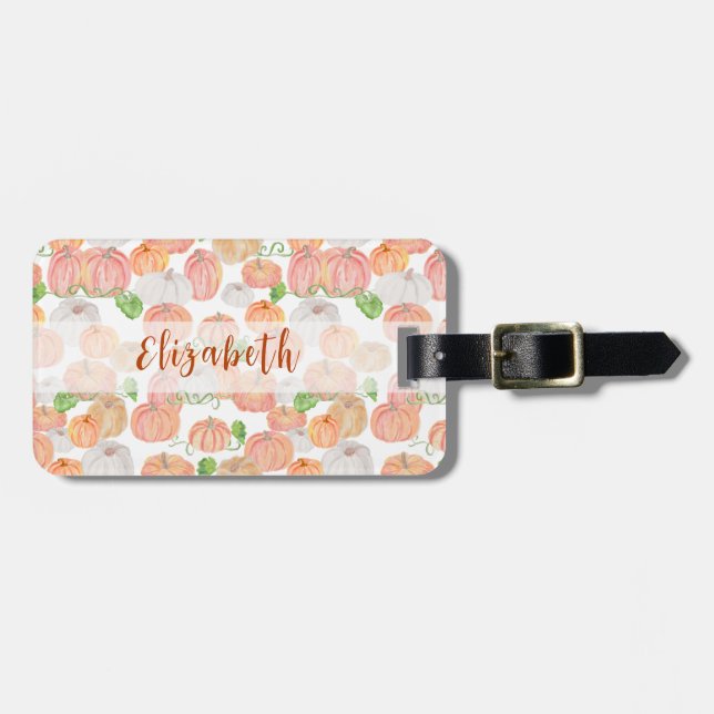 Pretty Pumpkin Custom Name Autumn Luggage Tag (Front Horizontal)