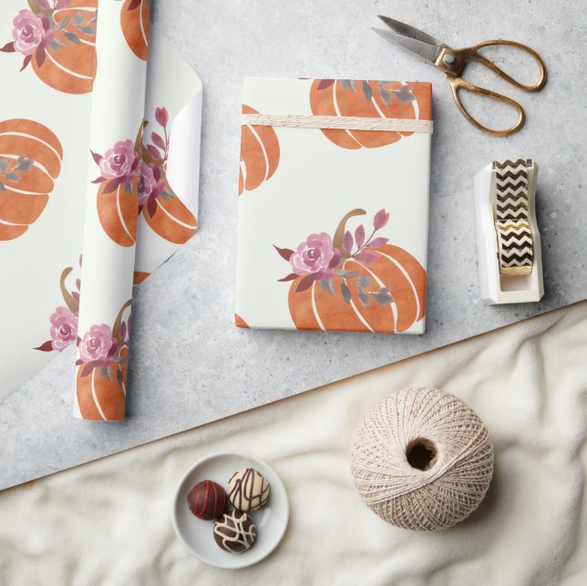 Pretty Pumpkin Floral Girly Birthday  Wrapping Paper (Crafts)