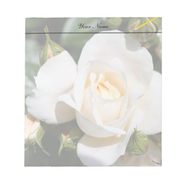 pretty pure white rose flowers. love, romance notepad (Front)