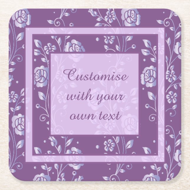 Pretty Purple and Lilac Floral Custom Text Square Paper Coaster (Front)