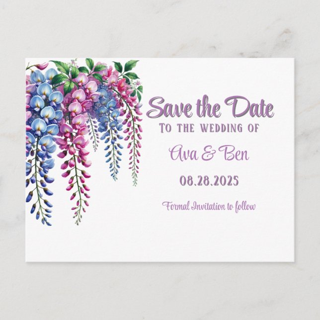 Pretty Purple and Pink Wisteria Save The Date Card (Front)