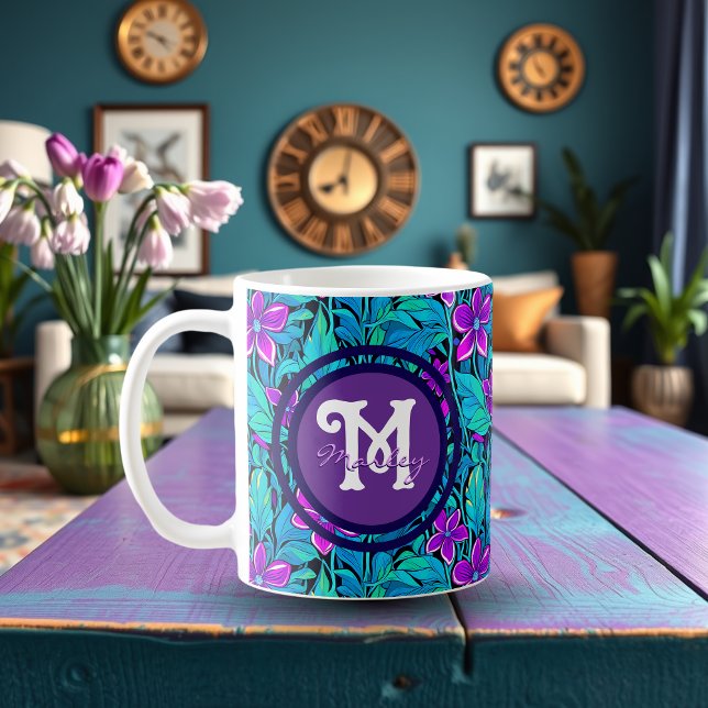 Pretty Purple and Teal Blue Floral Personalized Coffee Mug (Creator Uploaded)
