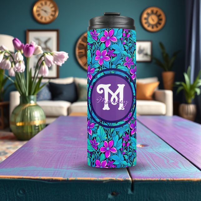 Pretty Purple and Teal Blue Floral Personalized Thermal Tumbler (Creator Uploaded)