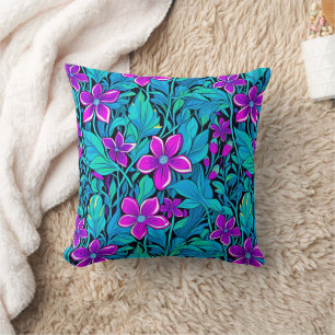 Pretty Purple and Teal Blue Floral Throw Pillow