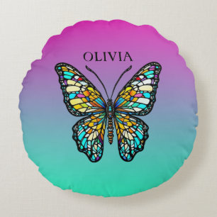 Pretty Purple and Teal Butterfly Personalized Round Pillow