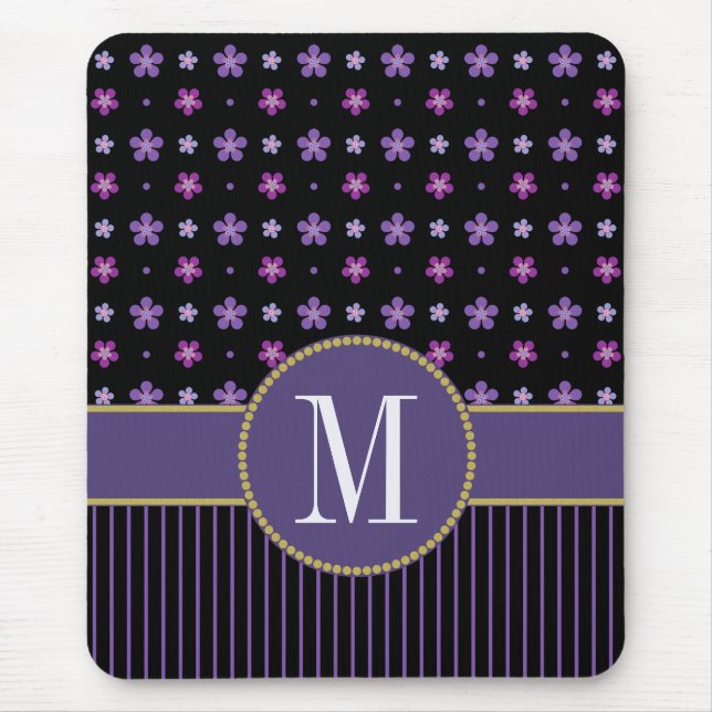 Pretty Purple Black Floral Striped Gold Monogram Mouse Pad (Front)
