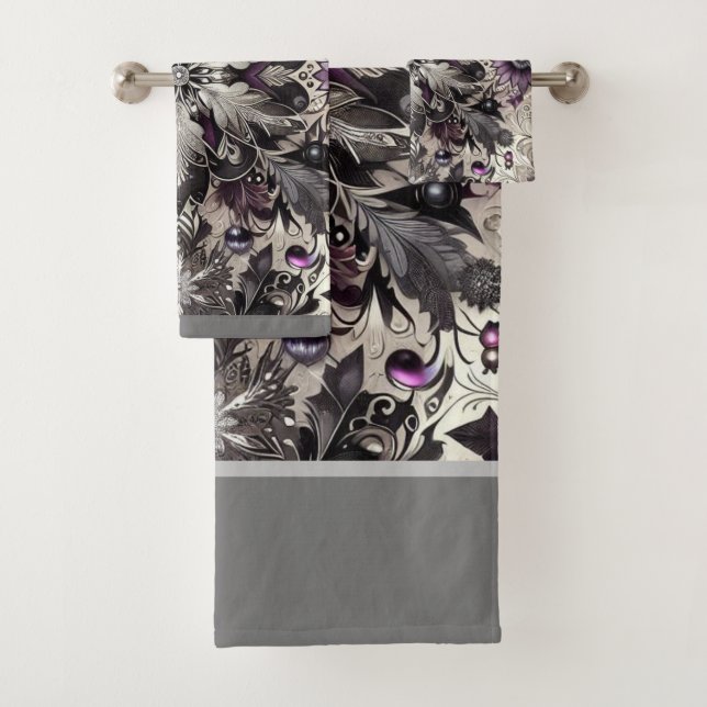 Pretty Purple, Black, Silver and Taupe Christmas Bath Towel Set (Insitu)