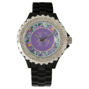 Pretty Purple Blue Florals Monogram  Watch