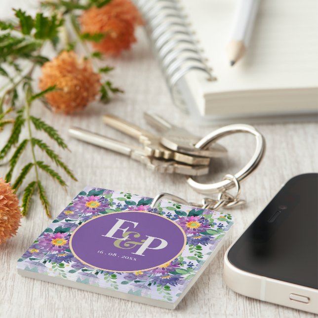 Pretty Purple Blue Florals Monogram Wedding Favour Keychain (Front Right)