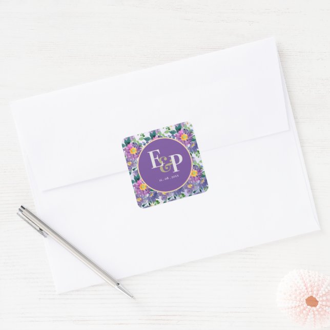 Pretty Purple Blue Florals Monogram Wedding  Square Sticker (Envelope)