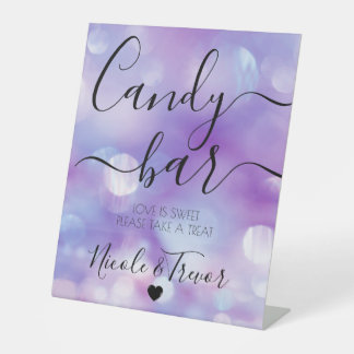 Pretty Purple Bokeh Personalized Wedding Candy Bar Pedestal Sign