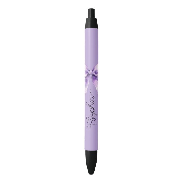 Pretty Purple Bow Personalized Name Black Ink Pen (Front Vertical)