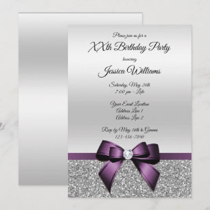 Pretty Purple Bow & Silver Glitters Birthday Invitation