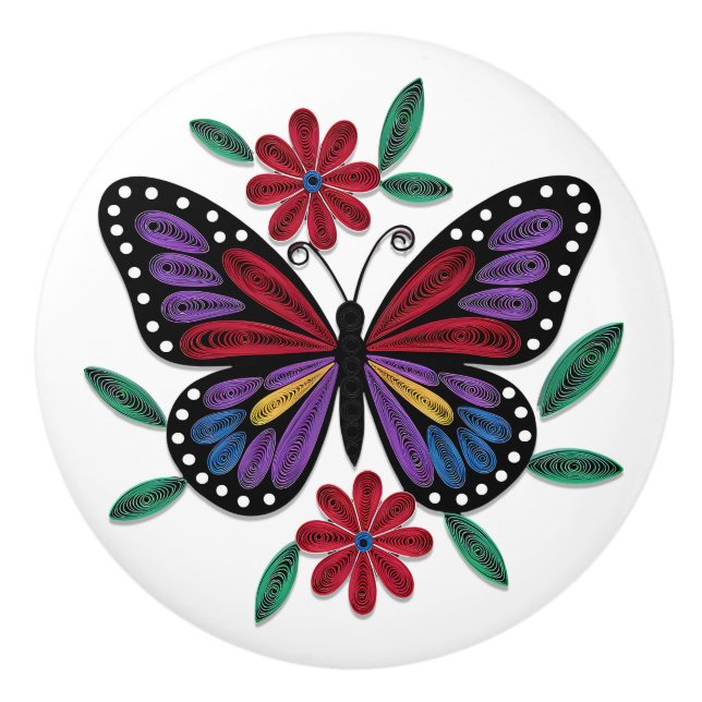 Pretty Purple & Burgundy Paper Quilling Butterfly Ceramic Knob (Front)