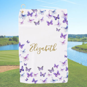 Pretty Purple Butterflies Custom Name Ladies Golf Towel
