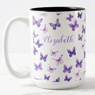 Pretty Purple Butterflies Custom Name Two-Tone Coffee Mug