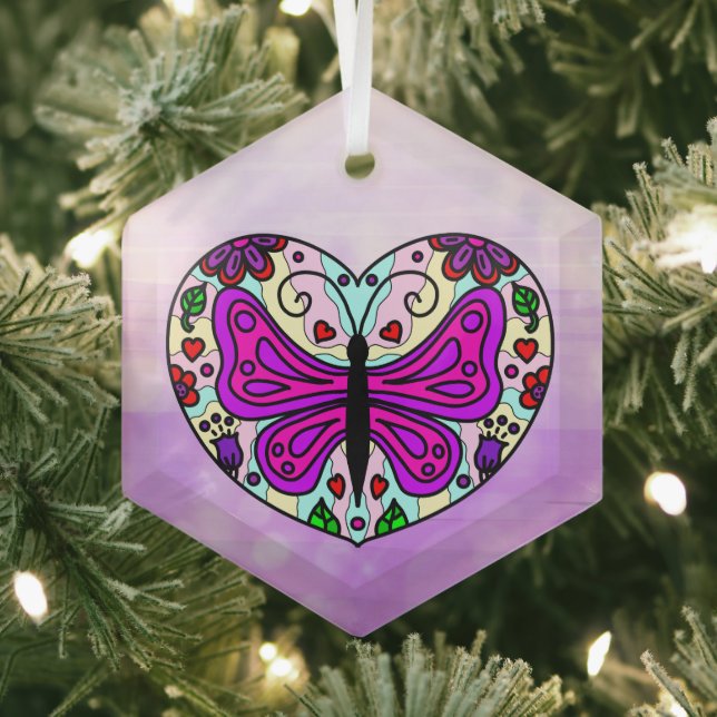 Pretty Purple Butterfly and Heart Mandala   Glass Ornament (Insitu)
