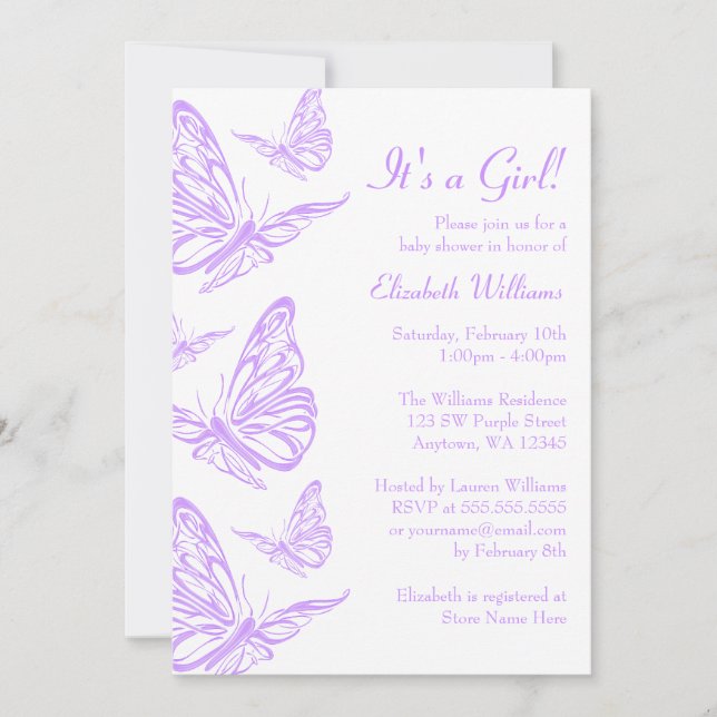 Pretty Purple Butterfly Baby Shower Invitations (Front)