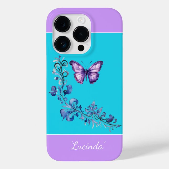 Pretty Purple Butterfly Scroll iPhone 14 Pro Case (Back)