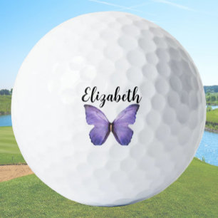 Pretty purple butterfly with custom name ladies golf balls